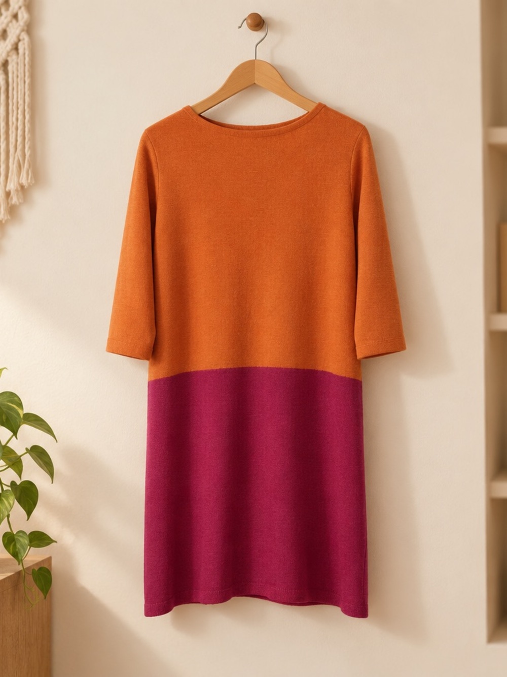 Joan Vass Colorblock Orange and Berry Knit Dress